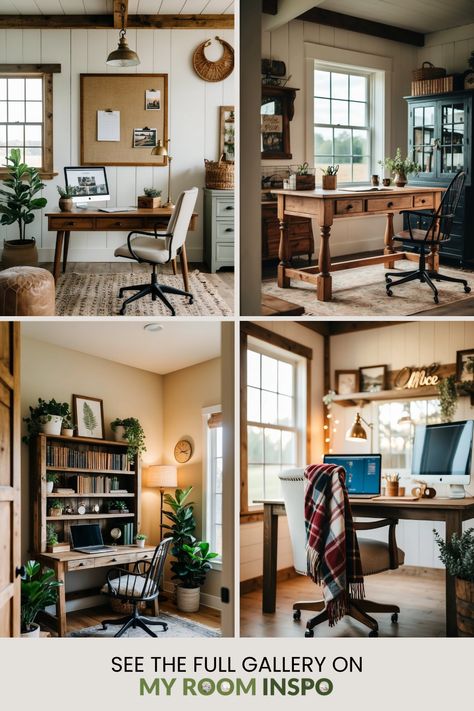 Explore 37 cozy farmhouse office styles featuring rustic accents, beautiful desks, inviting decor, and successful workspace organization. This pin uses 4 images, showcasing various creative ideas to inspire your home office transformation. Masculine Farmhouse Office, Cottage Home Office Ideas, Industrial Home Office Ideas, Roll Top Desk Decor, Vintage Desk Setup, Farmhouse Office Ideas, Rustic Wooden Desk, Modern Farmhouse Office, Workspace Organization