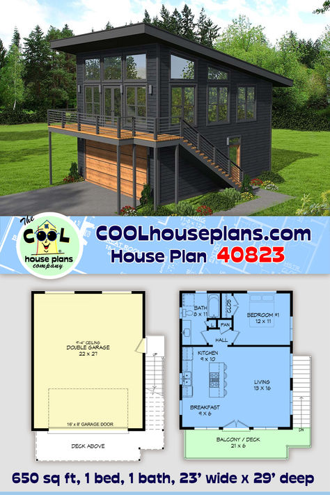 Modern, apartment over garage parking design 40823, a contemporary style garage apartment plan with one bedroom and one bathroom. The apartment has 650 square feet of living space with an open floor plan and wonderful upper-level deck. Drive-under parking is available for 2 vehicles, and the dimensions are 23' wide by 28'3 not including the deck and outside staircase. This narrow-lot garage apartment plan is an excellent option for a detached garage plus living space. #CarriageHouse House Over Garage, Garage With Living Quarters One Level, Garage Under House Plans, Garage Plans With Living Quarters, Garage Under House, Modern Carriage House, Garage Apartment Floor Plans, Garage With Living Quarters, House Plans Modern