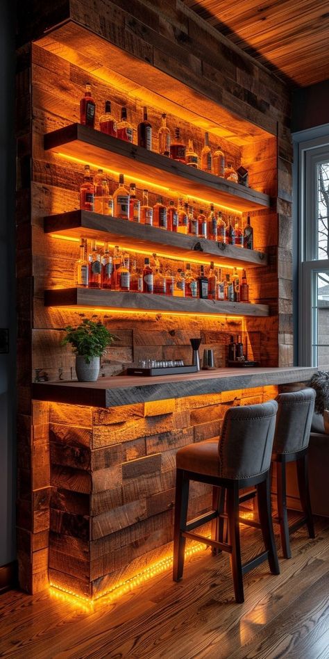 Rustic Wine Bar Ideas Home, One Wall Bar Ideas, Interior Rustic Design Ideas, Cool Bars Designs Home, Bars For Home Modern, Bar Ideas For Home Man Caves, Basement Bar Corner, Basement Bar Lighting Ideas, Cantina Bar Ideas