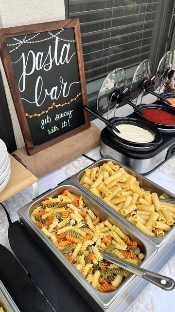 Pasta Bars For Parties, Pasta In Cups For Party, Pasta Bar For Party, Food Party Ideas Buffet, Pasta Bar Ideas Buffet Dinner Parties, Create Your Own Pasta Bar, Buffet Style Party Food Bar Ideas, Graduation Party Pasta Bar, Pasta Bar For Wedding Reception