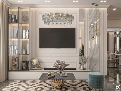 Tv Unit Neoclassical, Tv Backdrop Bedroom, Modern Chinese Interior, Layout Living Room, Carpet Ideas 2023, Chic Living Room Design, Lcd Wall, Living Room Furniture Ideas, Modern Classic Living Room