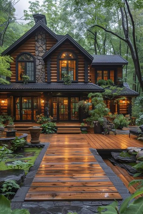 Inside Home Ideas, Beautiful Homes In The Woods, A Cottage In The Woods, Modern Rustic Home Design Exterior, Western Home Exterior Ranch Style, Victorian Log Cabin, Wooden Cottage Exterior, Wooden Homes Exterior, Moody Log Cabin