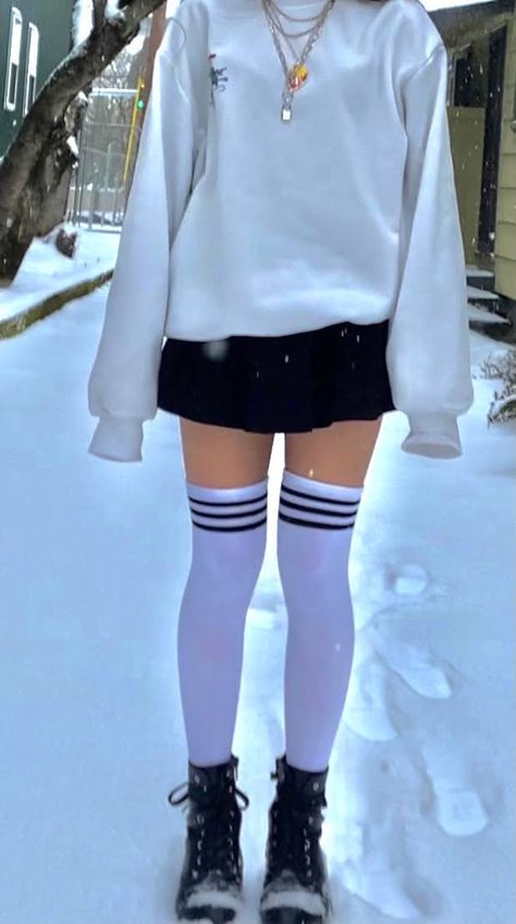 black skirt/thighs high/boots Thigh High White Socks Outfit, White Thigh Highs Outfit, Thigh High Socks With Skirt, Thigh High Outfits Aesthetic, Outfits With Thigh Highs, White Knee Socks Outfit, Skirt Hoodie Outfit, Outfits With Thigh High Socks, Skirt With Thigh High Socks