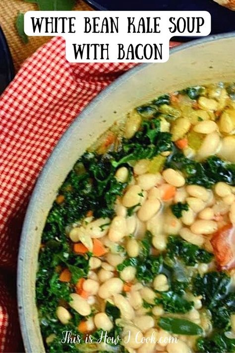 White bean kale soup with bacon is hearty and comforting and pretty good for you. Even if it has a touch of bacon! #whitebeankalesouprecipes Great Northern Bean Soup, Northern Bean Soup, Bean Kale Soup, Kale And Bean Soup, White Bean Kale, White Bean Kale Soup, Bacon Kale, Bacon Soup Recipes, Recipe With Bacon