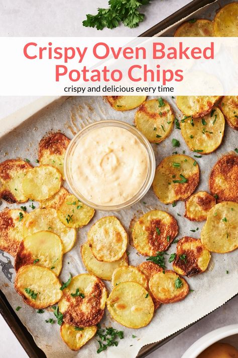 You won't believe that these crispy homemade potato chips were baked in the oven. They are healthy, delicious, and can be seasoned in so many ways. #sidedish #snack #kidfriendly #quickandeasy #bakedpotatochips Air Fry Potato Chips, Potatoe Chips Homemade Baked, Homemade Potato Chips Baked, Baked Potato Chips In Oven, Homemade Potato Chips In Oven, Potato Chips In Oven, Oven Potato Chips, Healthy Potato Chips, Oven Baked Potato Chips