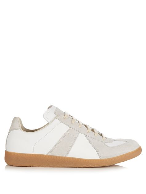 MAISON MARGIELA Replica low-top leather and suede trainers. #maisonmargiela #shoes #sneakers Margiela Gats, Margiela Replica Sneakers, Replica Sneakers, Maison Margiela Replica, Dirty White, Margiela Replica, Striped Flats, Mule Sneakers, Leather High Tops