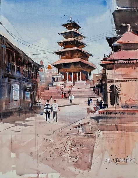 Watercolor Temple, City Watercolor, India Street, Singapore Art, Watercolor City, Gsm Paper, City Streets, Impressionism, Watercolour Painting