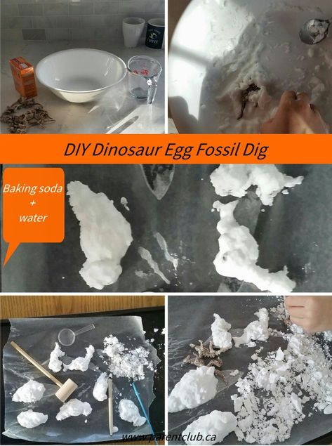 DIY Dinosaur Egg Fossil Dig with just baking soda and water via www.parentclub.ca Diy Fossils, Dinosaur Egg Fossil, Egg Rock, Dino Dig, Diy Dinosaur, Construction Theme Birthday Party, Baking Soda Water, Dinosaur Egg, Dinosaur Eggs