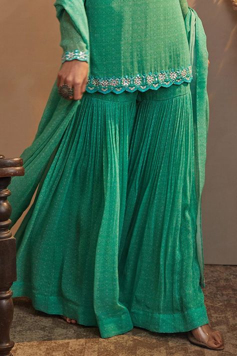 Buy Aneesh Agarwaal Green Georgette Printed Kurta Sharara Set Online | Aza Fashions Aneesh Agarwaal, Green Block Print, Print Mirror, Kurta Sharara Set, Kurta Sharara, Print And Embroidery, Short Kurta, Stylish Short Dresses, Dress Neck Designs