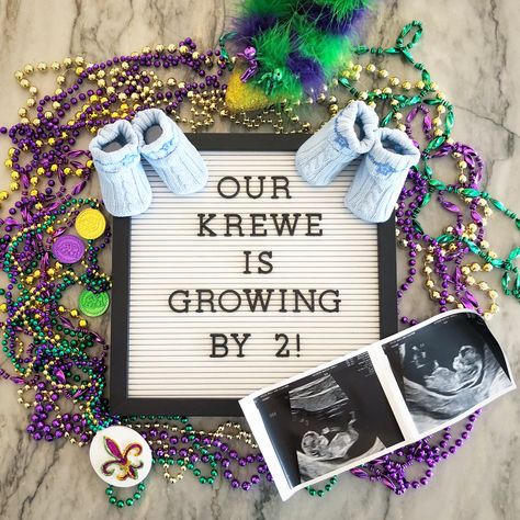 I made 13 weeks with our twin boys on Mardi Gras and I couldn’t resist a cute Mardi Gras themed announcement. Mardi Gras Pregnancy Announcement, Mardi Gras Baby Announcement, Mardi Gras Baby Shower Theme, Mardi Gras Gender Reveal, Pregnancy Reveal Photoshoot, Crawfish Party, Fun Pregnancy Announcement, Twin Gender Reveal, Twin Pregnancy Announcement