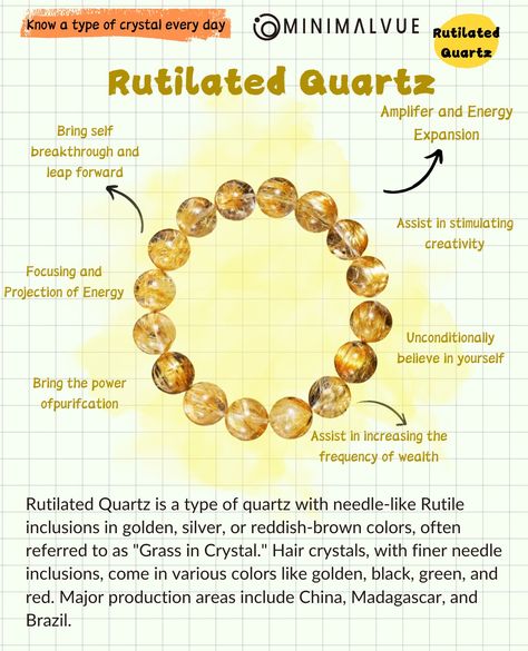 Rutilated Quartz crystal meanings Crystals Meanings, Natural Philosophy, Rutilated Quartz Crystal, Types Of Crystals, Golden Hair, Peace And Harmony, Crystal Meanings, Energy Field, Crystal Hair