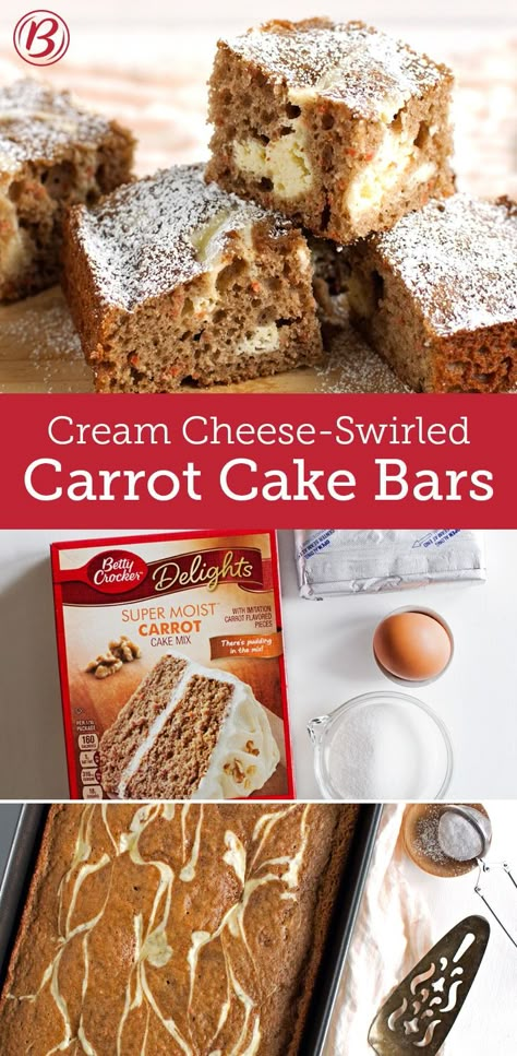 Carrot Cake Cheesecake Bars, Cake Mix Bars, Cream Cheese Swirl, Carrot Cake Bars, Cream Cheese Bars, Carrot Cake Cheesecake, Easy Carrot Cake, Cheese Snacks, Cake Bars