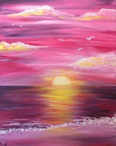 Pink sunset beginner painting idea. Such a pretty painting! Pink Beach Sunset Painting, Pink Sunset Drawing, Pink Sunset Watercolor, Pink Sunset Painting Acrylic, Easy Sunset Painting For Beginners, Pink Landscape Painting, Painting Ideas Sunset, Pink Sunset Painting, Pink Painting Ideas On Canvas