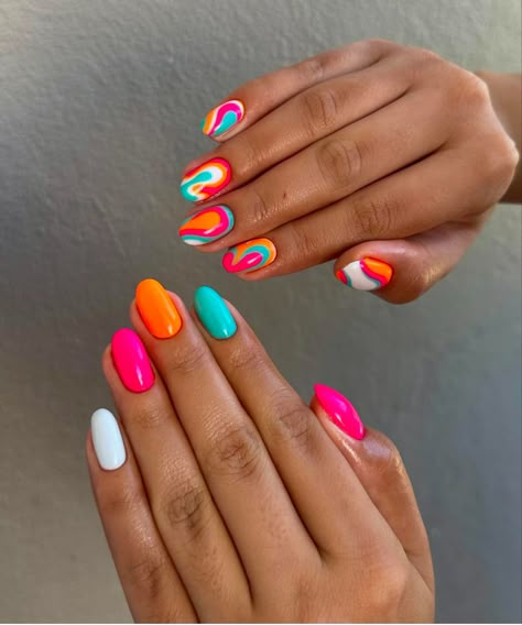 Mismatched Nail Designs, Bombpop Popsicle Nails, Orange Pink Nails Summer, Bright Fun Nails, Almond Nails Fall, Nail Inspo Fall, Fall Gel Nails, Gel Nails Diy, Cute Gel Nails