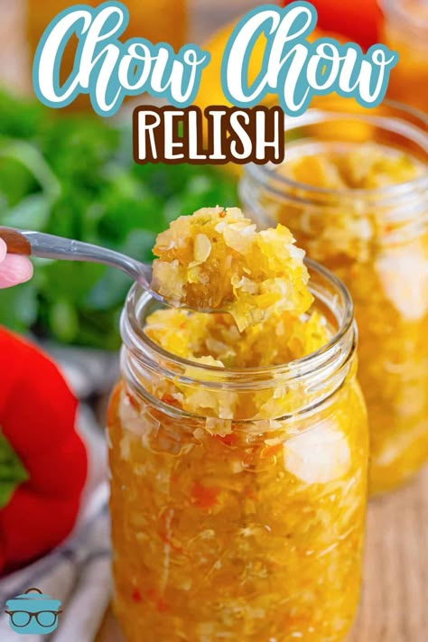 Chow Chow is a classic southern tangy and sweet relish made from tomatoes, pepper and cabbage. An all purpose condiment that can be used on so many foods! Easy Relish Recipes, Homemade Chow Chow, Squash Chow Chow Recipe, Homemade Mush, Canned Chow Chow Recipe, Cabbage Chow Chow, Canning Chow Chow, Old Fashioned Chow Chow Recipe, Green Tomato Chow Chow Recipe