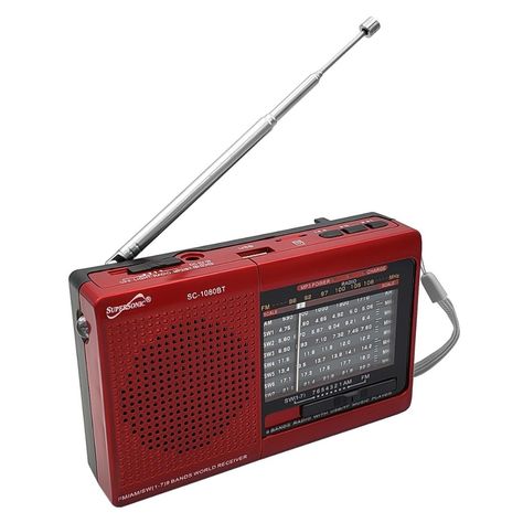 Supersonic Bluetooth Am/Fm/Sw 9 Band Radio W/ Flashlight Usb/Tf Mp3 Player Portable Speaker. Flashlight & Usb/Tf Player Built-In Bluetooth Allows You To Wirelessly Stream Music From Any Bluetooth Enabled Device Am/Fm/Sw1-7 Radio Usb/ Micro Sd Aux-In Rechargeable Battery Bl-5c 3.7v 600mah (Included) Telescopic Antenna Carrying Strap Dc Power Supply: 4.5v Rechargeable Battery Built-In 3xaa Battery (Battery Not Included) Colors: Red Box Radio, Noaa Weather Radio, Pocket Radio, Sony Walkman, Retro Gadgets, Usb Gadgets, Radio Shack, Portable Radio, Long Drive