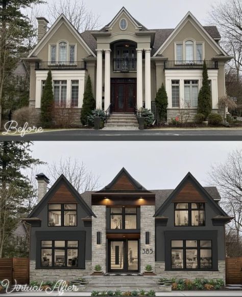 Stucco And Stone Exterior Modern, Homes With Columns Exterior, Stone For Front Of House, Modern Exterior Columns, House Columns Exterior, Stucco Homes Exterior Colors Modern, Stone And Stucco House Exterior Modern, Exterior Paint With Stone, Exterior Paint Colors With Stone