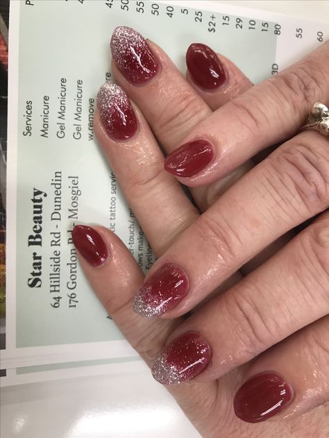 SNS NAILS OMBRÉ red and silver Red Nails With Silver Glitter Ombre, Red And Silver Ombre Nails, Red Nails Silver Glitter, Red And Silver Nails Short, Sparkly Nails Ombre, Red Nails With Silver Glitter, Red Nails Gold, Silver Sparkly Nails, Nails Gold Glitter