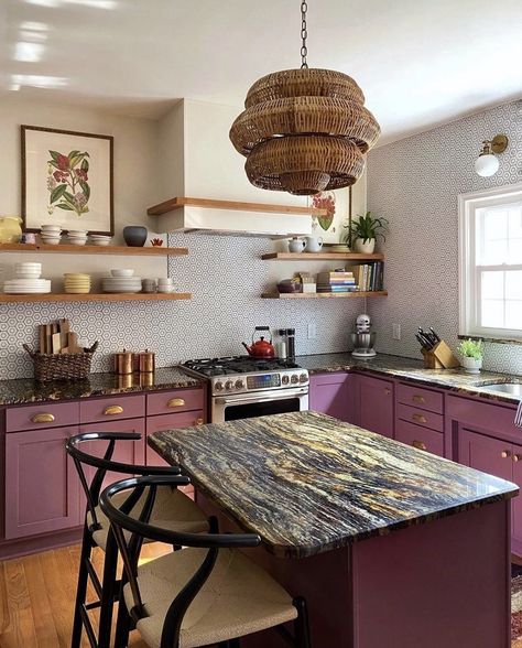 Kitchen Purple Decor, Dining Pantry, Purple Cabinets, Beige Floor Tile, Gray Subway Tile Backsplash, Mustard Yellow Walls, Purple Kitchen, Brown Kitchens, Cottage Kitchens