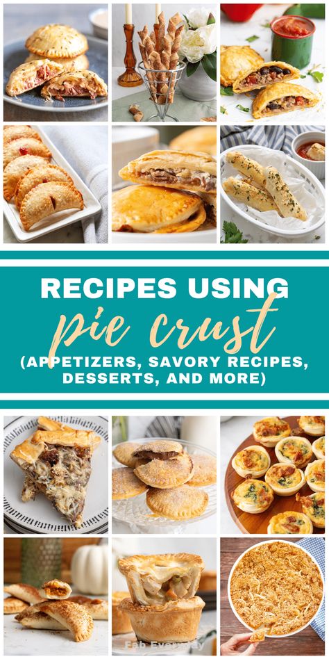 Over the years I’ve experimented with lots of recipe ideas for pie crust and different ways to use pie crust, as it's one of my favorite recipe shortcuts. I’m sharing a collection of the best recipes using pie crust, including savory recipes using pie crust, pie crust appetizers, desserts with pie crust, and more ideas for pie crust. If you’re looking for easy things to make with pie crust click or visit FabEveryday.com for all the recipes! Ready To Use Pie Crust Recipes, Pie Crust Cream Cheese Desserts, Pie Crust Supper Ideas, Recipes To Use Up Pie Crust, Pie Crust Ideas Meals, Pie Crust Sandwiches, What To Make With Mini Pie Crust, One Pie Crust Recipe, Appetizer Recipes Using Pie Crust