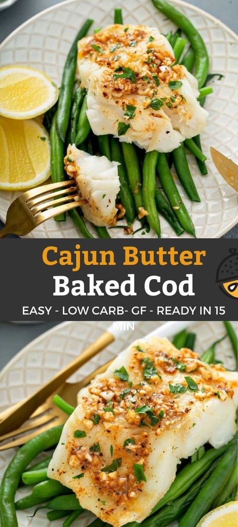 Cajun Cod Fish Recipes Baked, Roasted Cod Recipes, Cajun Baked Cod, Cajun Cod Fish Recipes, Cajun Cod Recipes, Baked Cod Recipes Oven Easy, Noom Dinners, Cod Recipes Oven, Cajun Cod