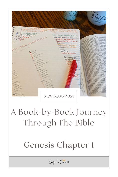 Open bible with study notes and Bible reading plan on top Bible Study Genesis Chapter 1 Notes, Open Bible, Chapter One, Bible Reading Plan, Reading Plan, Books Of The Bible, Study Notes, Read Bible, Holy Spirit