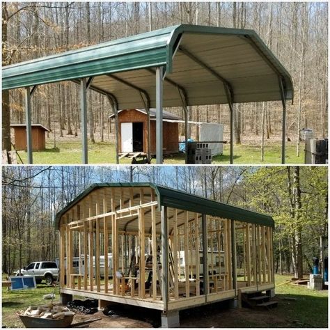 This was a metal carport we had made into a beautiful cabin Prefab Home Addition, Carport Barn Ideas, Carport Cabin, Carport Makeover, Shed Cabin, Shed To Tiny House, Diy Shed Plans, Barns Sheds, Backyard Sheds