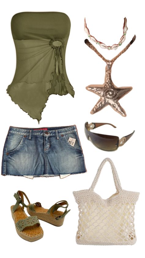 vintage green mini skirt tube top shein outfit inspiration inspo beach shells star Green Tube Top Outfit, Green Y2k Outfit, Y2k Mini Skirt Outfit, Summer Y2k Outfits, Green Skirt Outfits, Tube Top Outfit, Tube Top Outfits, 2000s Outfit, Beach Shells