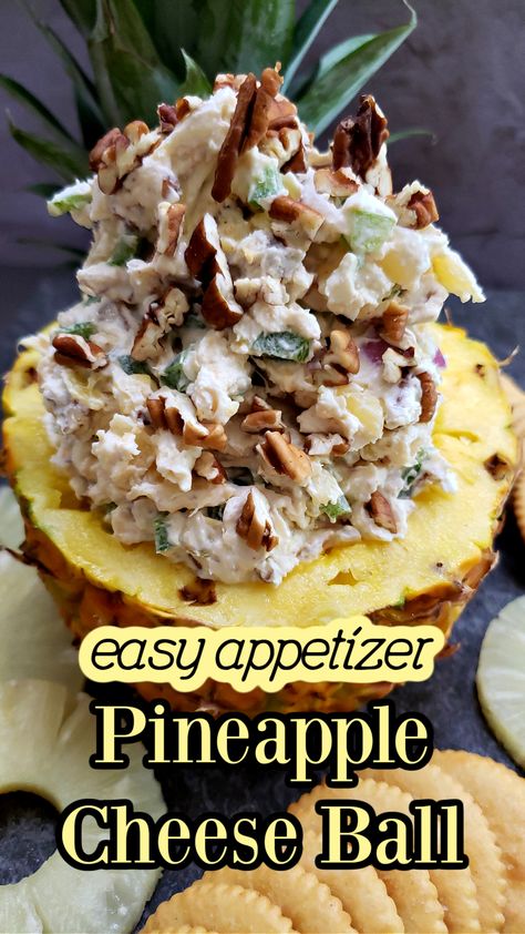 Looking for the perfect party appetizer? Try this Pineapple Cheese Ball! It's a delicious mix of cream cheese, crushed pineapple, and crunchy bell peppers, with chopped pecans. Easy to make and a total crowd-pleaser. Perfect for holidays, picnics, or any gathering. Pin this recipe now for a delightful, sweet and savory treat! #Appetizer #CheeseBall #PartyFood Pineapple Cheeseball Recipes, Pineapple Cheeseball, Pineapple Appetizers, Pineapple Cheese Ball, Pineapple Cheese, Cream Cheese Ball, Cheese Ball Recipe, Awesome Appetizers, Party Bites