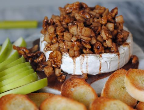 Apple Walnut Baked Brie. - DomestikatedLife Pregnant Silhouette, Savory Appetizers, Apple Brown Sugar, Apple Walnut, Brie Recipes, Tasty Snacks, By The Fireplace, Savory Appetizer, Baked Brie