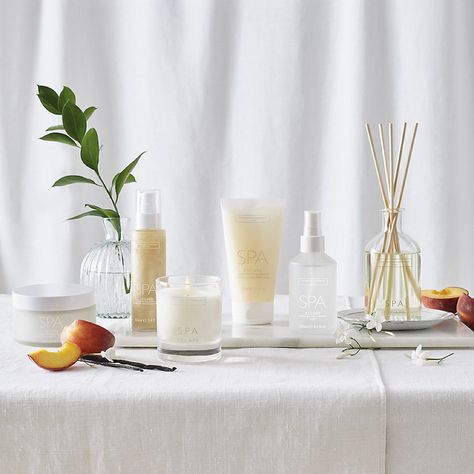 Spa Escape Collection | Our Fragrances | The  White Company Collection Moodboard, Peach Nectar, Scent Description, Juicy Peach, Vanilla Scent, Spa Retreat, Scent Notes, White Company, Wick Candle