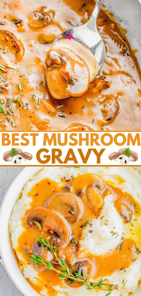 Mushroom Gravy - A rich, hearty, and very flavorful gravy recipe to perfectly complement your favorite dishes and holiday recipes! Made with mushrooms, onions, and butter for maximum comfort food flavor! An EASY gravy recipe that will impress everyone at your next Thanksgiving, Christmas, or special family gathering! Turkey Mushroom Gravy, Asian Gravy Recipe, Mushrooms Gravy, Onion And Mushroom Gravy, Savory Hand Pies Recipes, Cooking Staples, Homemade Gravy Recipe, Mushrooms Recipes, Easy Gravy Recipe