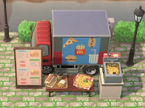 Food Truck Acnh Design, Food Trucks Animal Crossing, Acnh Fastfood, Acnh Food Truck Design, Acnh Sandwich Shop, Acnh Food Truck Ideas, Animal Crossing Food Truck Design, Animal Crossing Fast Food, Bloxburg Food Truck