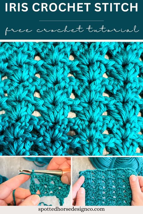 Iris Crochet Stitch Tutorial - Spotted Horse Design Co. Iris Stitch Crochet Blanket, Crochet Iris Stitch, Spotted Horse, Chunky Crochet Blanket Pattern, Crochet Stitch Tutorial, Crochet Placemat Patterns, Crochet Phone Cases, Chunky Crochet Blanket, Crochet Winter Hats