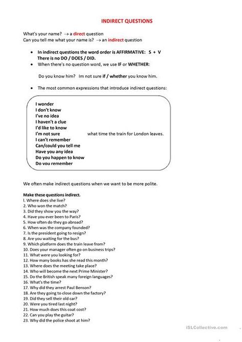 Indirect questions - English ESL Worksheets for distance learning and physical classrooms Indirect Questions Worksheet, Articles Worksheet, Kumon Math, Distance Formula, Word Order, Grammar Worksheets, What Is Your Name, Teaching Jobs, An Exercise