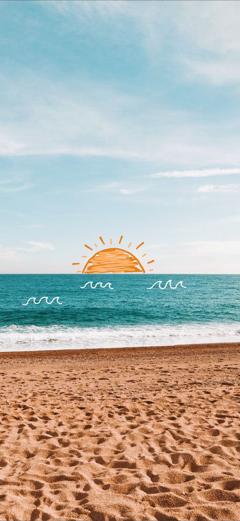 Drawing of sun over the ocean🦋✨🥥🌊☀️ Cute Summer Preppy Wallpapers, Sun And Beach Wallpaper, Summertime Aesthetic Wallpaper, Summer Asthetic Wallpers, Beachy Lockscreen, Beach Background Wallpapers, Beachy Wallpapers For Iphone, Beach Aesthetic Background, Summer Backgrounds Aesthetic