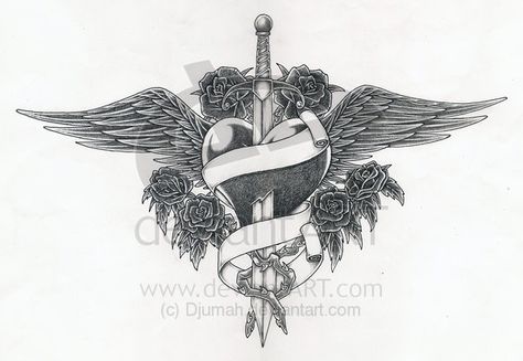 Alas Tattoo, Serpent Tattoo, Tattoo Heart, Chest Tattoo Men, Tattoo Girls, Music Tattoo, Diy Tattoo, Heart Drawing, Heart With Wings