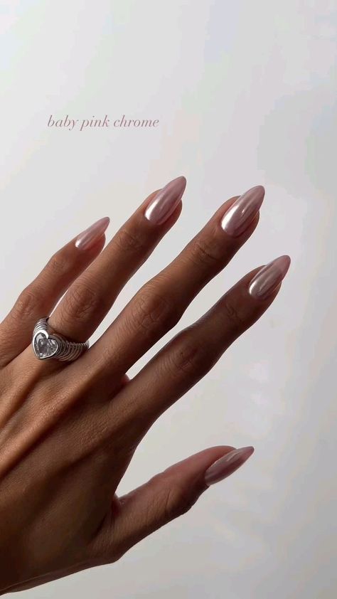 These Baby Pink Chrome Formal Nails are stunning and can easily be paired with a gorgeous formal dress! #FormalNails #PromNails #Nailinsporation #BabyPink #PinkChromeNails #missrunway Engagement Acrylic Nails, Trendy 2024 Nails, Chrome Gel Nails Ideas, Neutral Nails With Chrome, Pink Bright Nails, Nails 2024 Pink, Nail Inspiration Chrome, Pink Nails 2024, Romantic Nails Designs