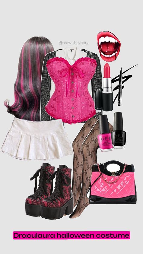 halloween costume draculaura #halloween #halloweencostume #halloweeninspo #draculaura #monsterhigh Claudine And Draculaura Costume, Halloween Costume Ideas Y2k, Monster High Dolls Halloween Costume, Draculaura Aesthetic Costume, Monsterhigh Costume Halloween, Dracula Monster High Halloween Costume, Draculora Halloween Costumes, Monster High Halloween Costumes Trio, Pink Vampire Costume