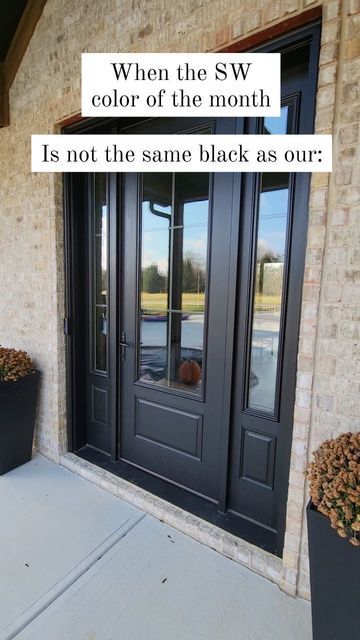 Red House Black Door, Best Black Trim Paint Color, Tricorn Black Door Exterior, Tricorn Black Exterior Door, Sw Black Magic Exterior, Sw Tricorn Black Front Door, Tricorn Black Sherwin Williams Door, Alabaster And Tricorn Black Exterior, Green House With Black Door