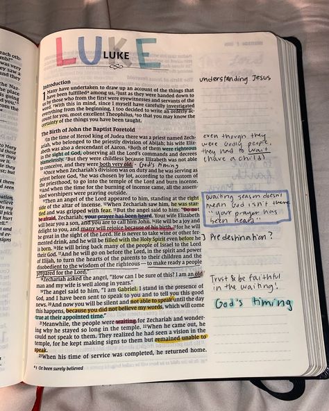 Luke chapter 1 Bible journaling: Theme: TRUST IN GOD’S TIMING! God’s plans >>> God’s timing >>> Trust in God and surrender control! #biblestudy #biblejournaling #BookofLuke #trustinGod #WaitingSeason #christianity #contentcreator Luke Chapter 1 Bible Journaling, Luke 1 Bible Journaling, Luke Bible Study Notes, Luke Bible Journaling, Luke Bible Study, Luke Chapter 1, Surrender Control, Annotation Aesthetic, Luke Bible