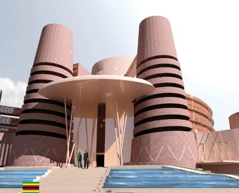 Congolese Architecture, Afrofuturistic Architecture, Afro Futurism Architecture, African Architecture Modern, Afrofuturism Architecture, Congolese Art, Futurism Architecture, Indian House Exterior Design, Landscape And Urbanism Architecture