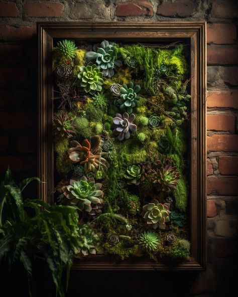 Moss wall in giant frame against brick wall, textured moss and succulents, boho decor ideas, green decor, decor ideas Moss Wall Art Living Room, Moss Art Frame, Moss Bookshelf, Moss Frame Art, Moss And Succulent Wall, Moss Mirrors, Moss Picture Frame, Succulent Wall Decor, Moss Mirror