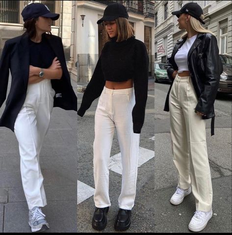 White pants with blazer and baseball hat Baseball Hat Outfit, Baseball Pants, Aesthetic Fits, Fashion Hijab, Outfits With Hats, White Pants, Baseball Hat, Pants Outfit, Outfits For Teens