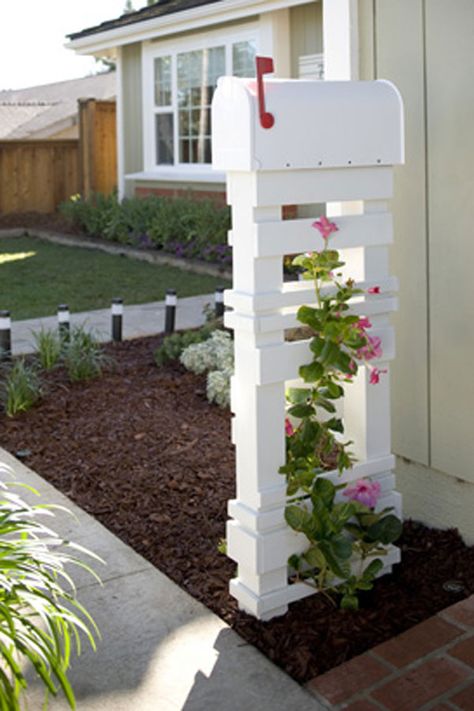 Add a DIY trellis and let climbing vines grow up the side of your mailbox for added visual appeal. Diy Letter Boxes, Unique Mailbox, Mailbox Designs, Mailbox Garden, Mailbox Makeover, Diy Cement Planters, Wooden Mailbox, Mailbox Landscaping, Diy Mailbox