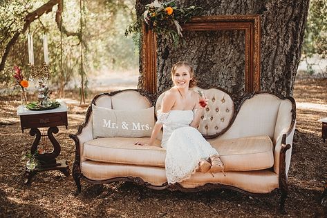 Fall Harvest Inspired Farm Wedding in Temecula | Southern California Wedding Ideas and Inspiration Reception Portraits, Backyard Event, Victorian Couch, California Farm, Antique Couch, Fairytale Photoshoot, Rural Wedding, Wedding Photobooth, Coin Photo