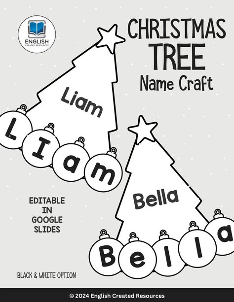 Christmas Tree Name Craft Black and White Arts And Craft Christmas For Kids, Christmas Ideas For Kindergarten Kids, Christmas Tree Names Preschool, Easy Tree Ornaments For Kids, Merry Christmas Preschool, Christmas Name Crafts For Kids, Christmas Bow Activities Preschool, Christmas Around The World For Preschool, Preschool Christmas Letter Activities