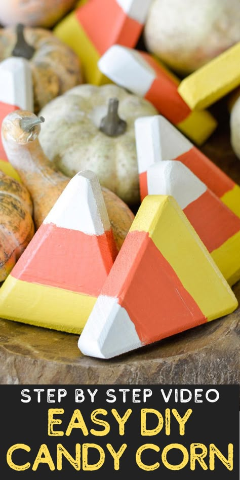 Easy DIY Candy Corn Decor is a fun, affordable fall craft project! This wooden candy corn can be used in a holiday centerpiece, vignette, or string it on twine for a seasonal garland!  #diy #falldecor #fall Diy Candy Corn Decorations, Fall Wooden Decor Diy, Wooden Holiday Crafts Diy Projects, 2x4 Candy Corn, Candy Corn Tree Diy, Diy Wood Candy Corn, Diy Wooden Candy Corn, Wooden Candy Corn Decorations, Halloween Candy Corn Decorations