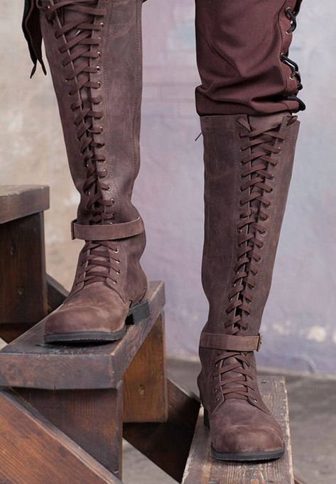 Knee High Lace Up Boots, High Lace Up Boots, Steampunk Leather, Ankle Flats, Brown Boots Women, Fantasy Clothes, Clothing Reference, Medieval Clothing, Leather Flat Shoes