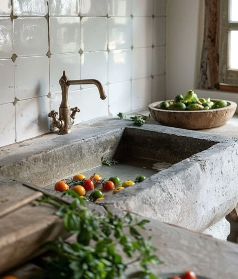 This kitchen tells a story. The worn stone, fresh tomatoes, and the old tap—every detail speaks of a life well-lived. It’s in these simple, unpolished spaces that true comfort and warmth are found. #RusticLiving #SimplePleasures #KitchenStories #SlowLiving #FarmhouseStyle #CozyCorners #TimelessDesign #HomeComforts #EverydayBeauty #MindfulLiving #FreshAndSimple #OldWorldCharm #HeartOfTheHome #CountryLiving #nourishingspaces #raddesigns Kamene Kuce, Monastery Kitchen, Stone Sink Kitchen, Garden Sink, Old Well, Diy Concrete Countertops, Artsy Design, Cottage Garden Design, Stone Kitchen